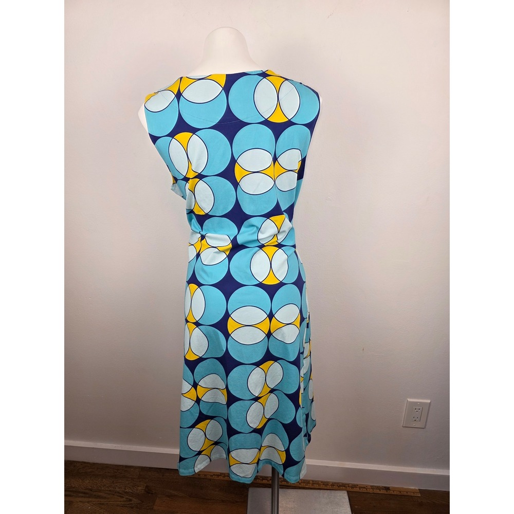 Lesley Evers Blue Yellow Geometric Circle Faux Wrap Ruched Sleeveless Dress 1X - Picture 2 of 8